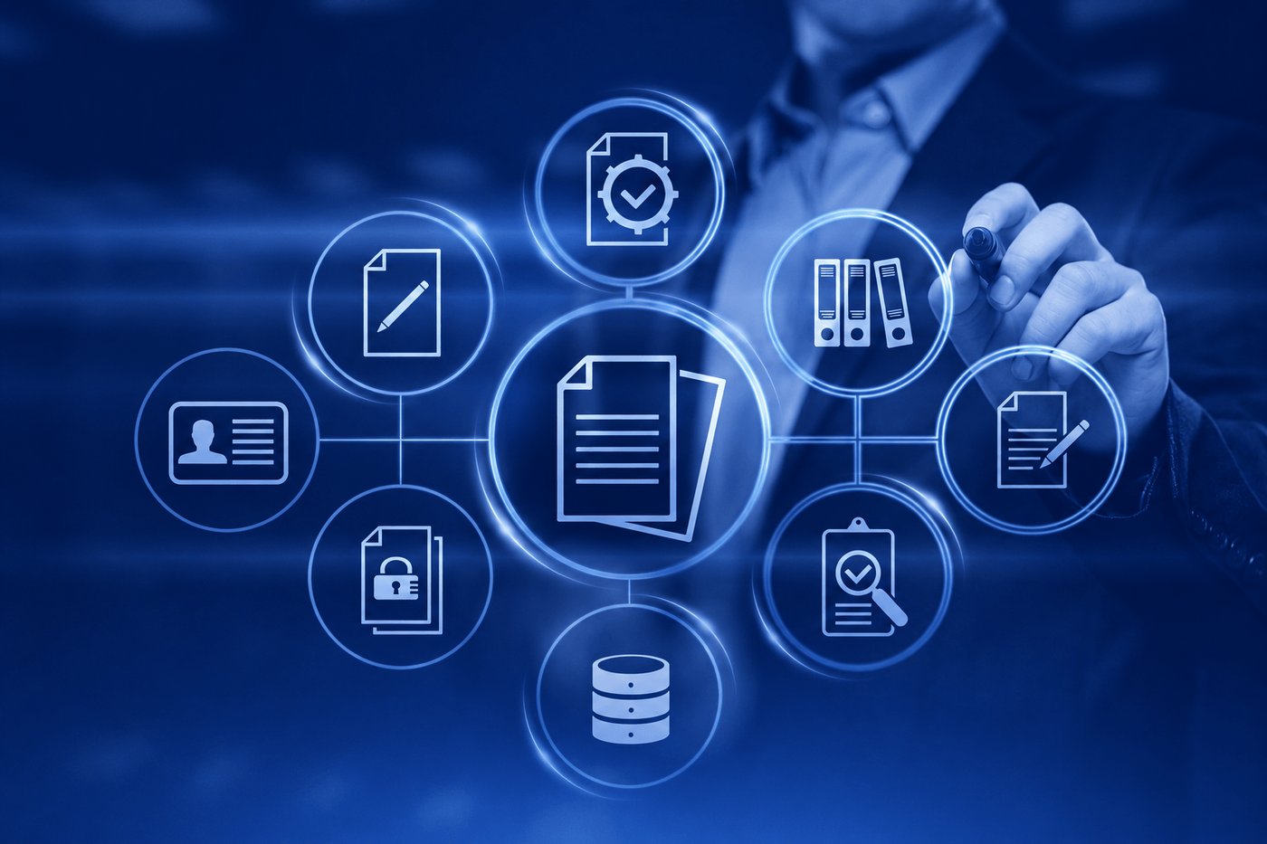 Mano di un professionista che tocca un'interfaccia digitale con icone di documenti, database, identità e lucchetto — rappresentazione della gestione digitale dell'ufficio